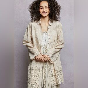 POL Natural Long Sleeve Embroidered Floral Crochet Shirt